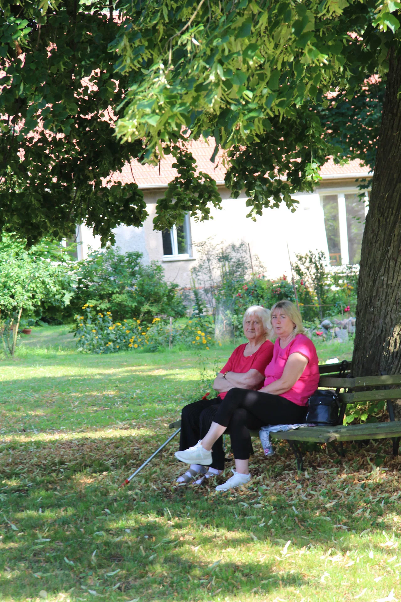 Zwei Seniorinnen sitzen auf einer Bank im Garten unter einem Baum