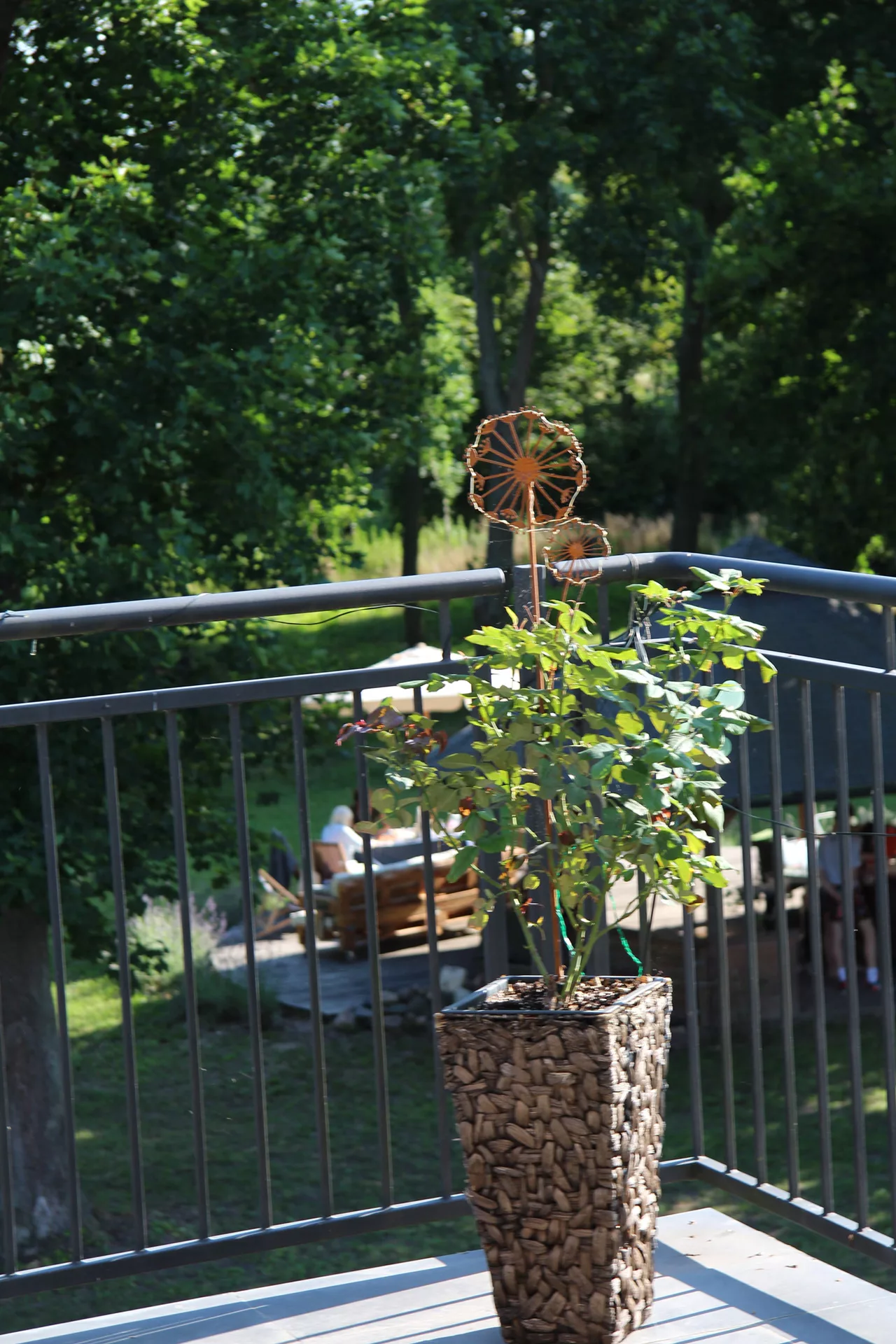 Blumentopf auf dem Balkon mit Blick auf Bewohner im Garten